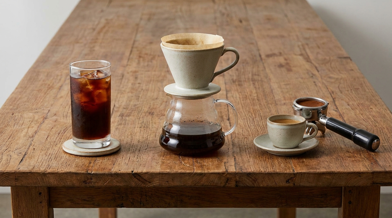 Cold brew, filtre kahve ve espresso yan yana