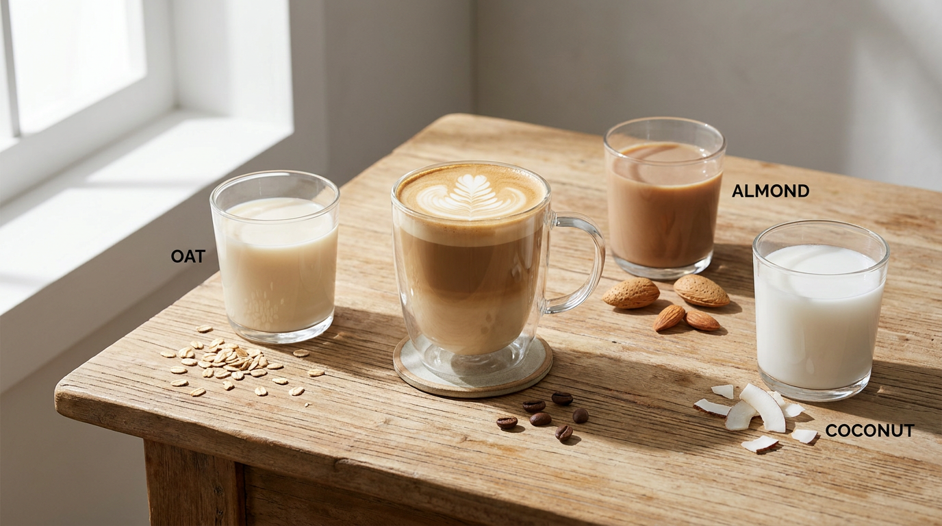 Yulaf, badem ve hindistancevizi sütü ile latte