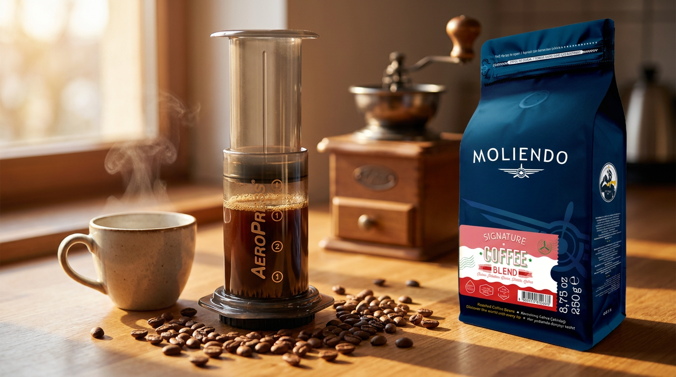 AeroPress ile kahve, yanında Moliendo Signature Coffee Blend ve el değirmeni