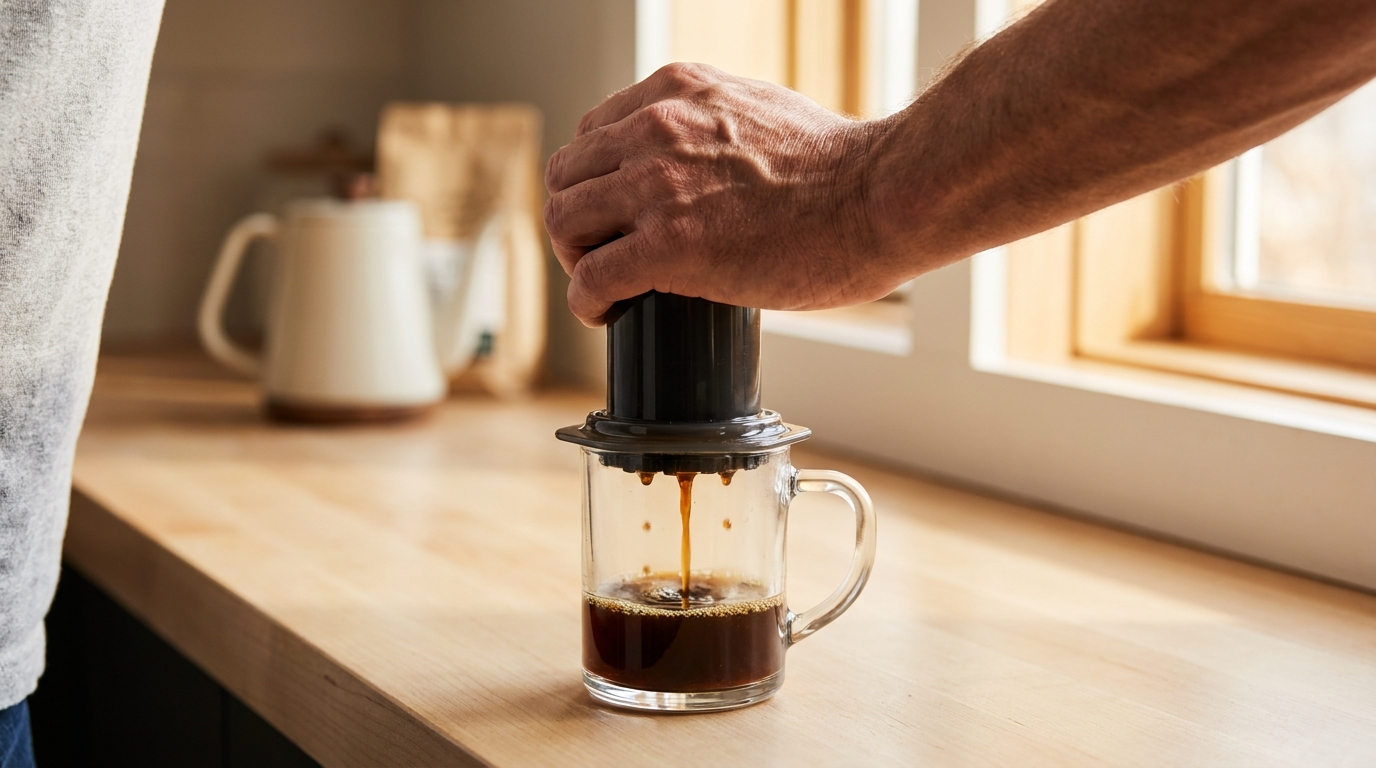 AeroPress pistonunu fincanın üzerine yavaşça bastırma