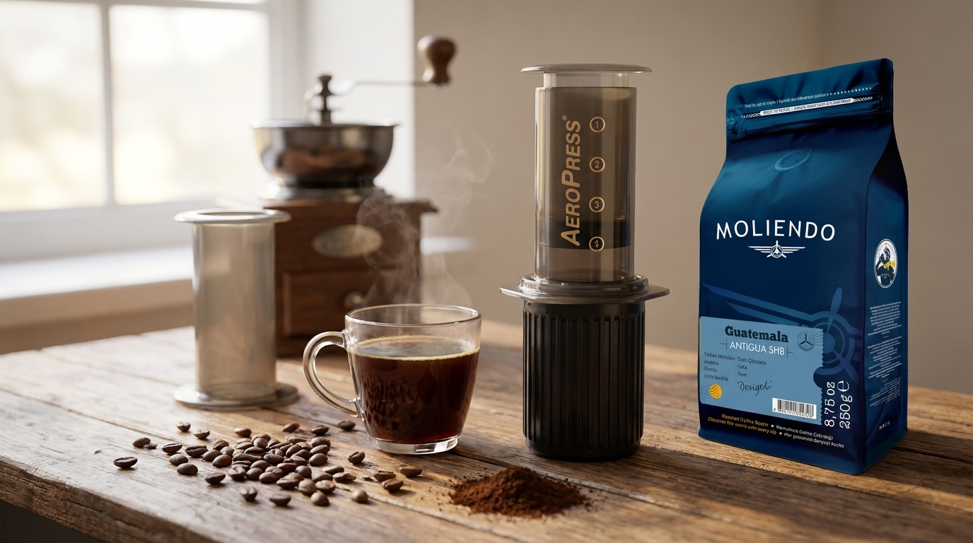 AeroPress ile kahve, yanında Moliendo Guatemala Antigua