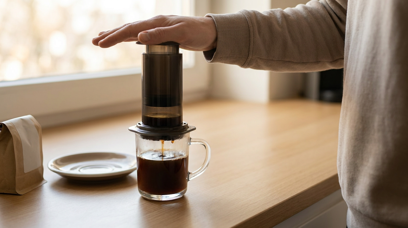 AeroPress pistonunu fincana bastırma