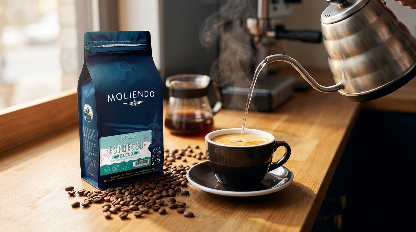 Krema tabakalı americano, yanında Moliendo Ravello Espresso Blend