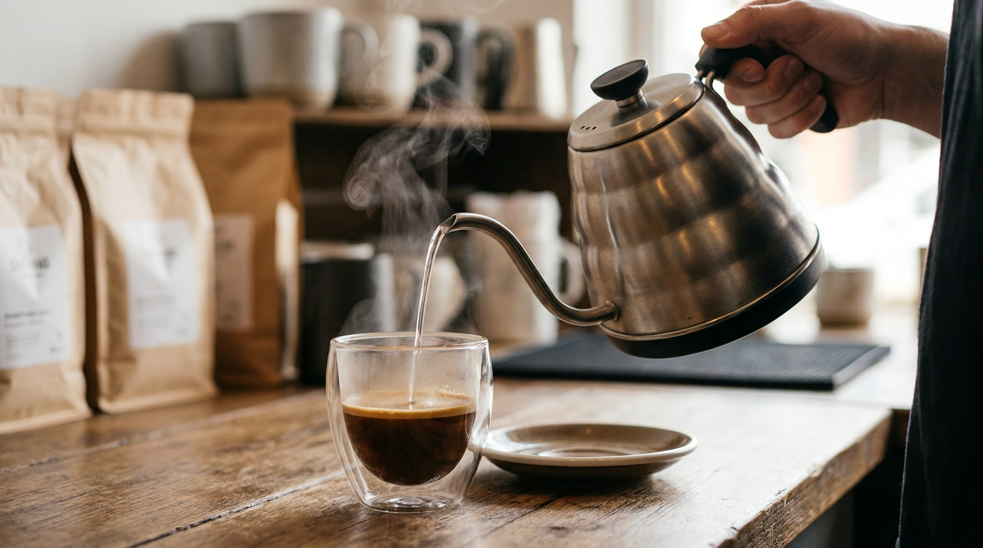 Espresso üzerine sıcak su ekleyerek americano hazırlama