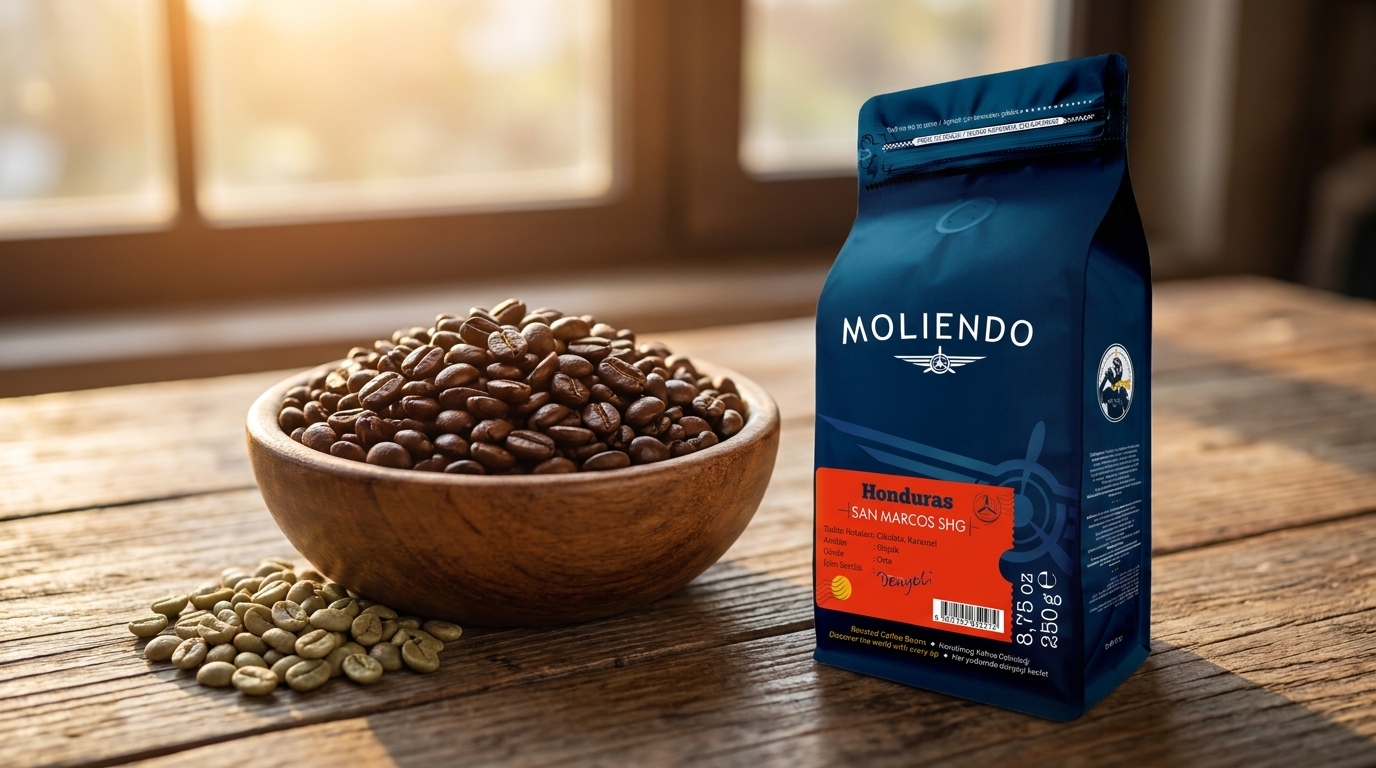 Kavrulmuş ve yeşil Arabica çekirdekleri, yanında Moliendo Honduras San Marcos