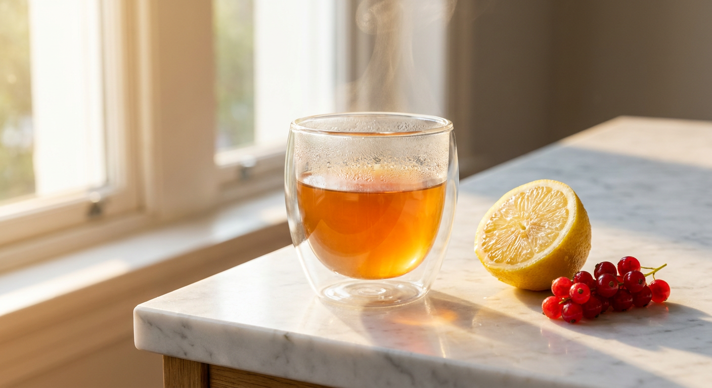 Parlak asiditeyi çağrıştıran limon ve meyve yanında açık renkli demli kahve fincanı