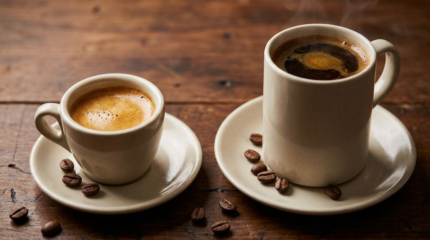 Kremalı dokulu espresso kupası ve yanında yoğun gövdeli kahve