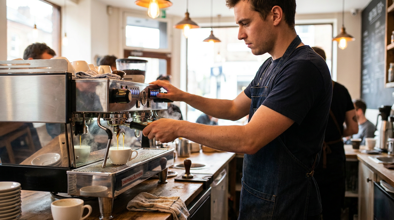 Bir baristanın espresso makinesinde kahve hazırlaması