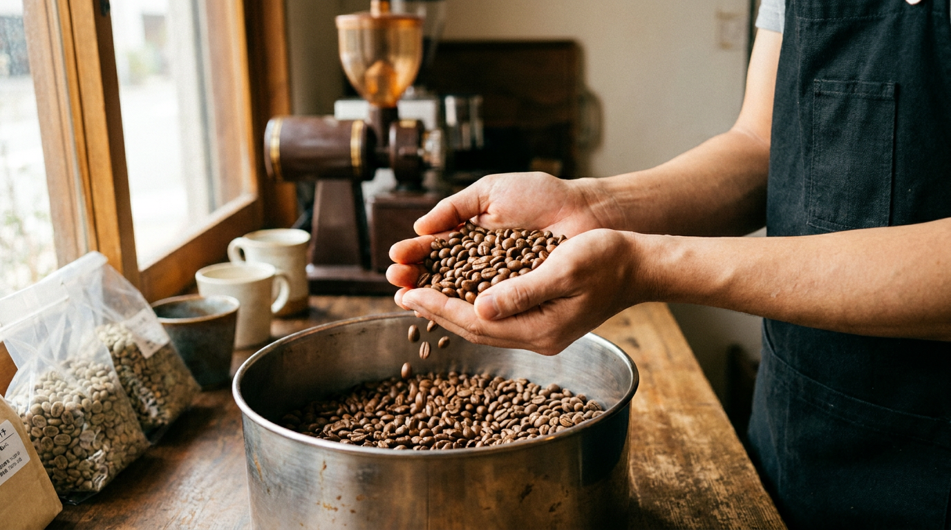 Kahve çekirdeklerini inceleyen bir barista