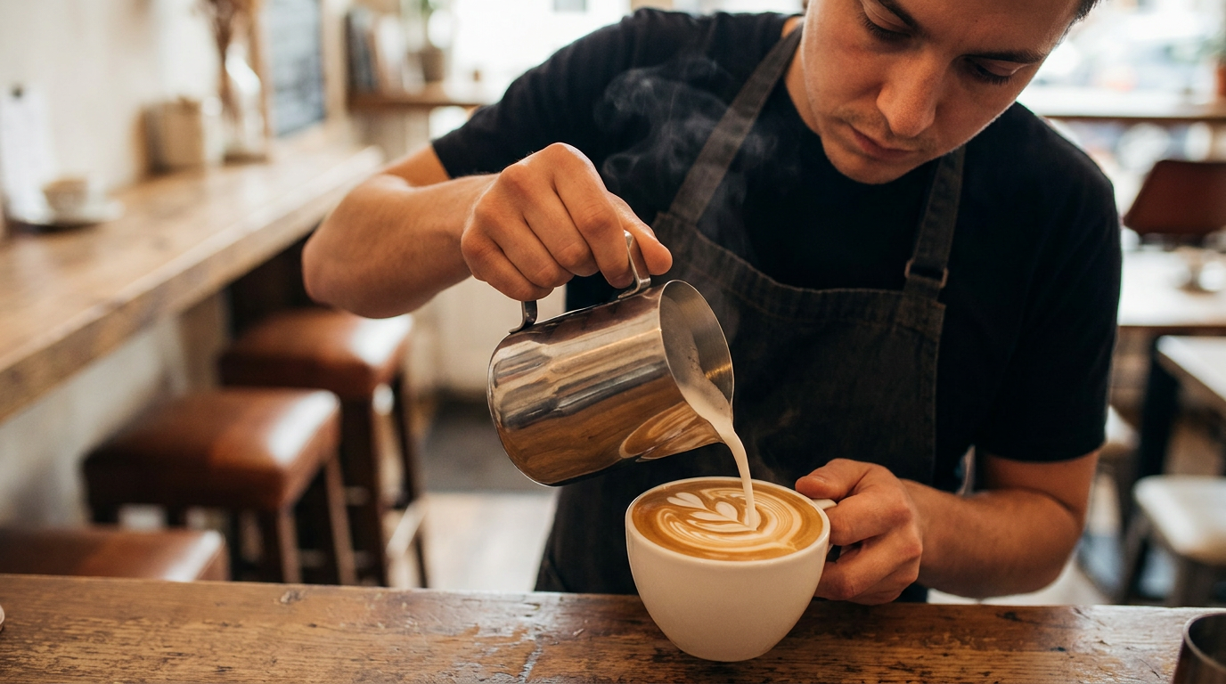 Latte art yapan bir barista, süt köpüğünü fincana döküyor