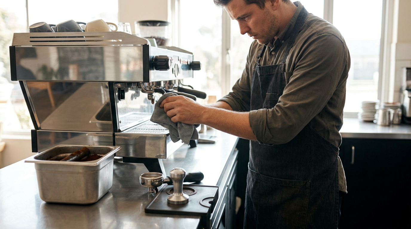 Bir baristanın espresso makinesini temizleyip bakımını yapması