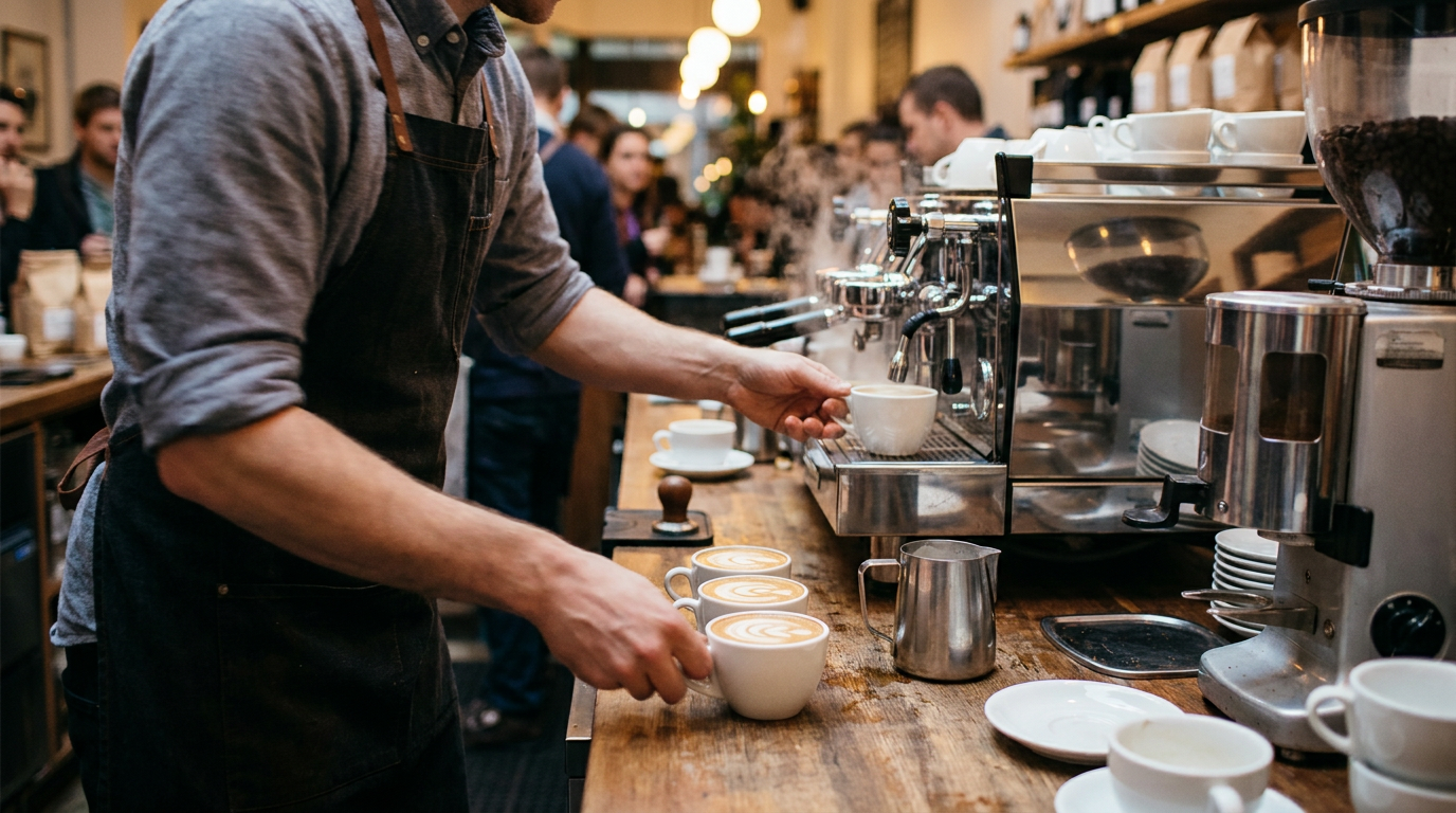Yoğun bir kafede aynı anda birden fazla içecek hazırlayan barista