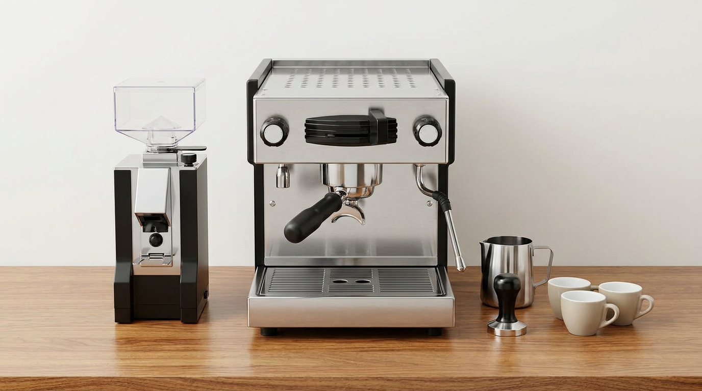 Espresso makinesi, kahve değirmeni ve süt köpürtücünün tezgahta dizilişi