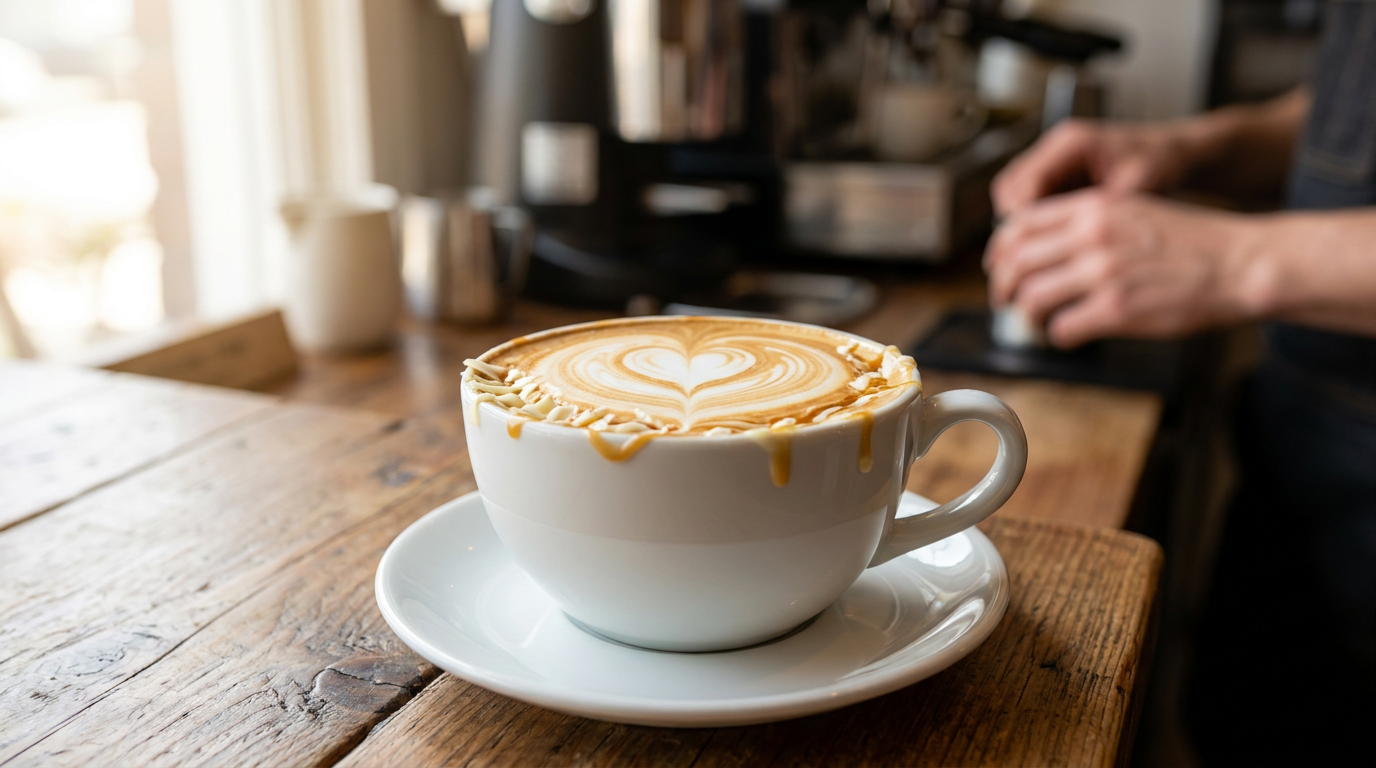 Latte art ile sunulan kremsi ve aromatik beyaz çikolatalı moka