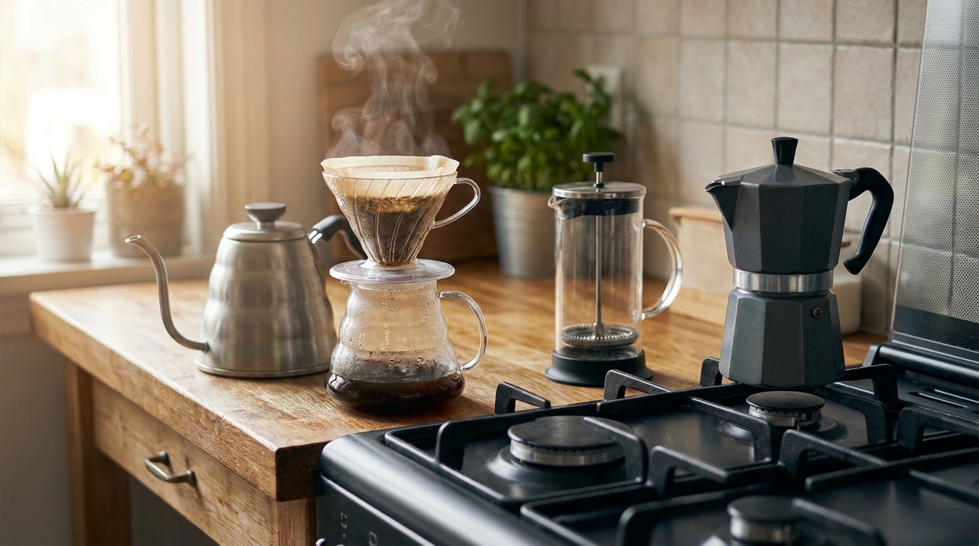 V60, French Press ve Moka Pot ile kahve demleme ekipmanları