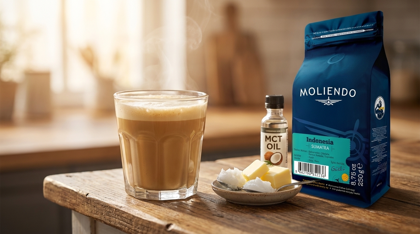 Kremsi köpüklü bulletproof coffee, MCT yağı ve tereyağı, yanında Moliendo Indonesia Sumatra