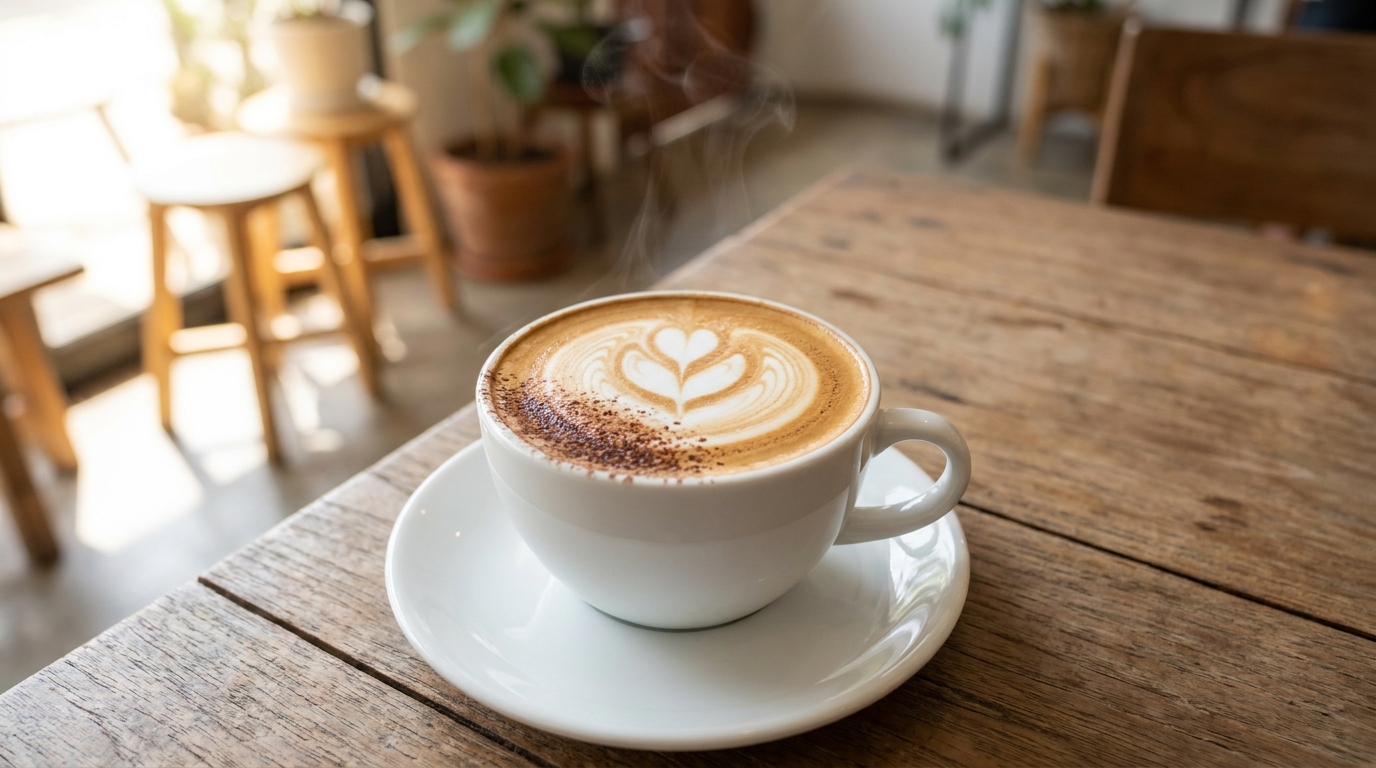 Beyaz seramik fincanda tulips latte art ile servis edilen sıcak cappuccino