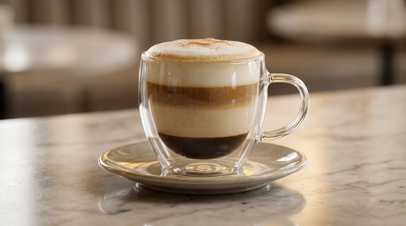 Espresso, süt ve süt köpüğünün üç katmanlı yapısını gösteren cappuccino yakın çekimi