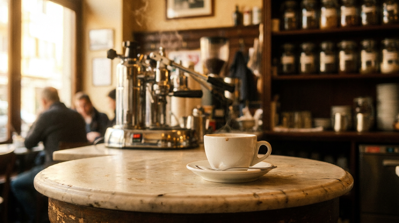 Klasik İtalyan kafe masasında geleneksel porselen fincanda cappuccino