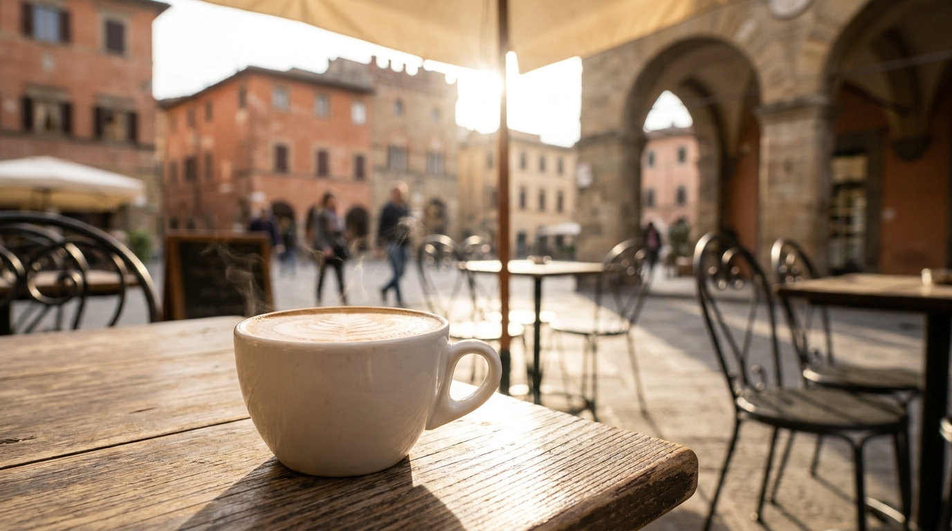 İtalyan kafe atmosferinde servis edilen cappuccino fincanı