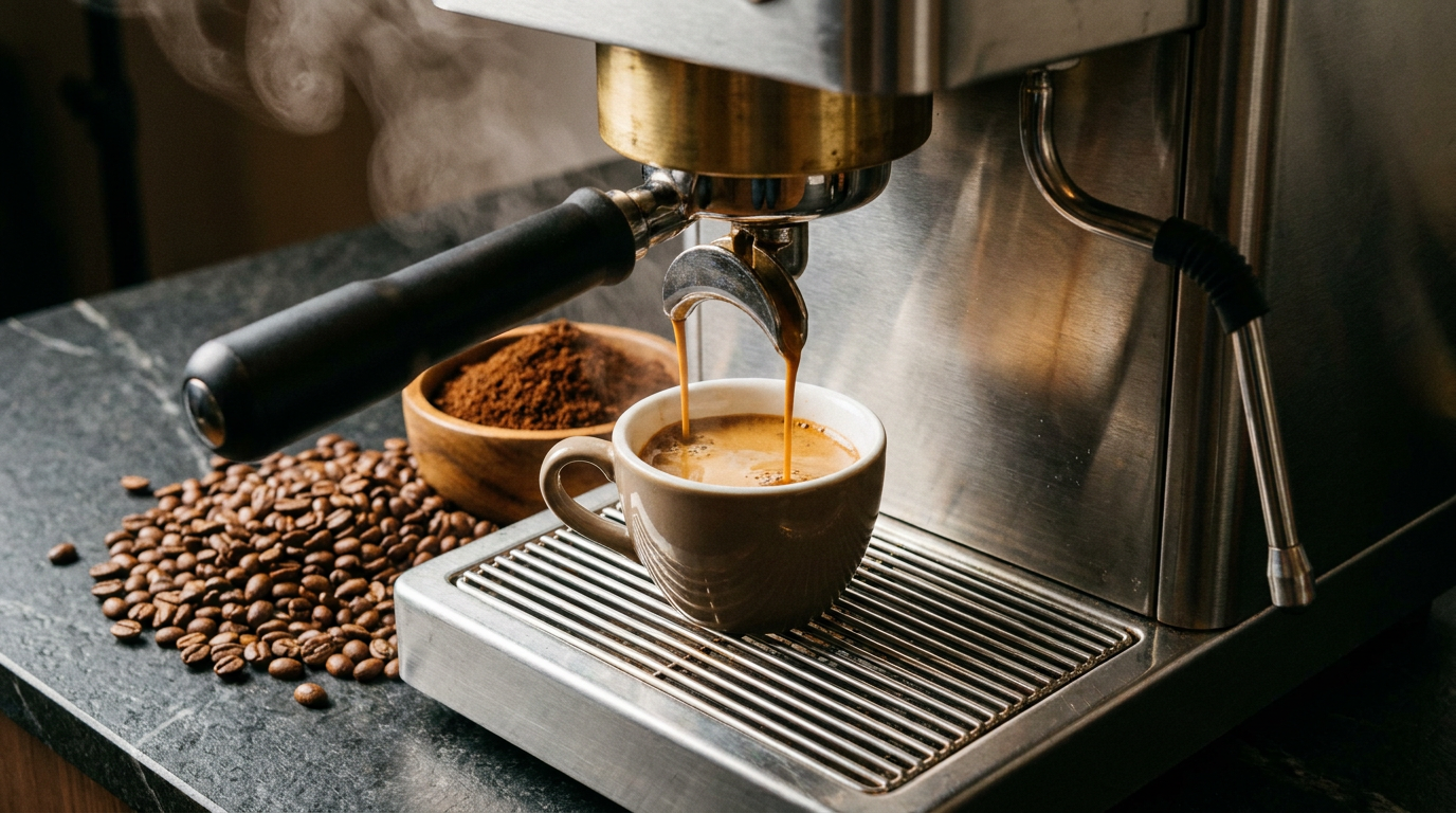 Espresso shot ve yanındaki taze çekilmiş kahve çekirdekleri
