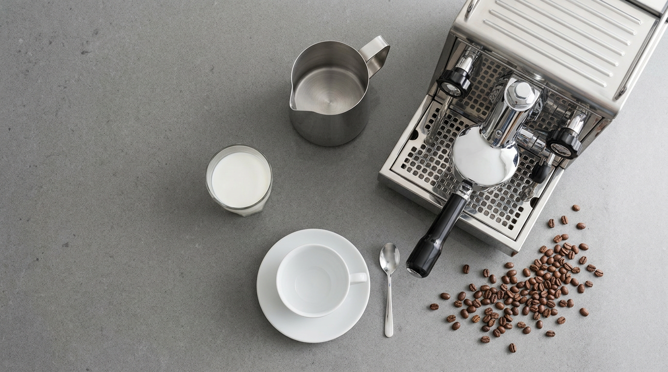 Cappuccino hazırlamak için gerekli ekipmanların düzeni