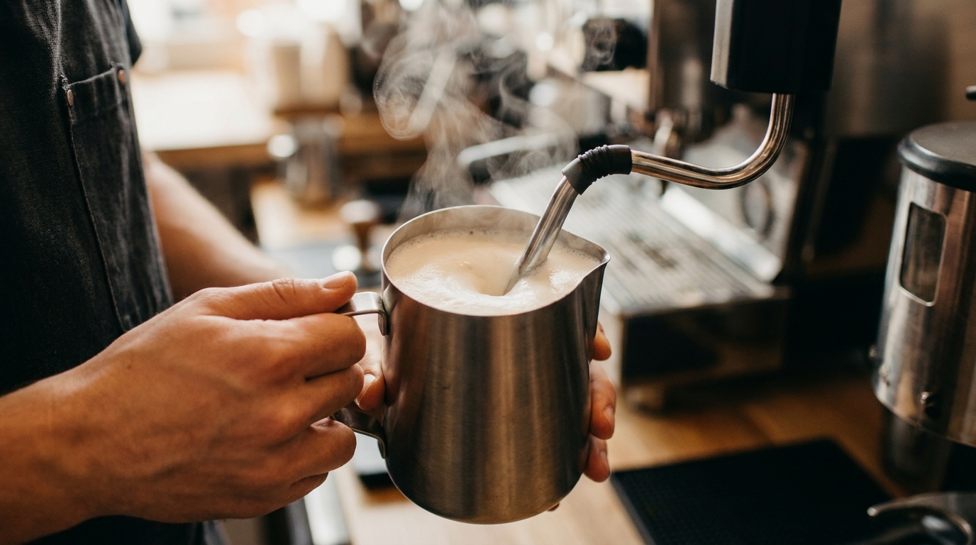 Espresso makinesinin buhar çubuğuyla pitcher içinde köpürtülen süt