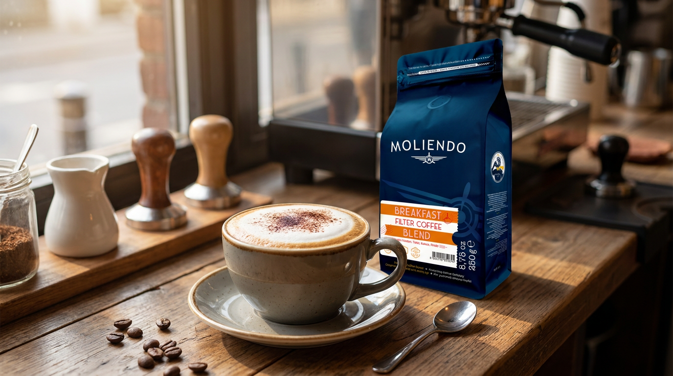 Kalın köpüklü klasik cappuccino, yanında Moliendo Breakfast Filter Coffee Blend