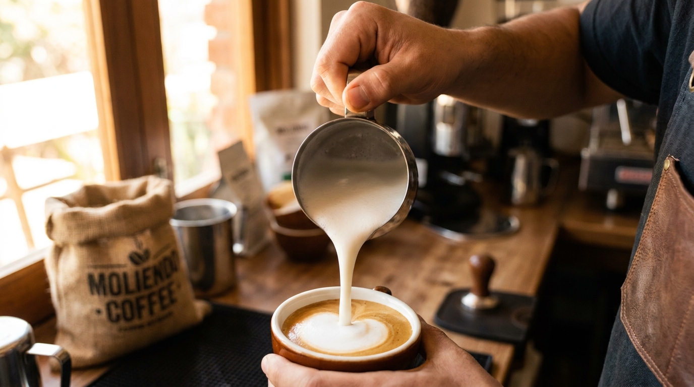 Espresso üzerine mikro köpüklü süt dökme