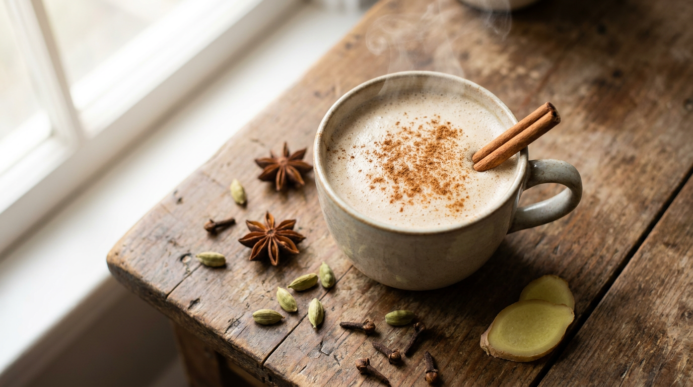 Sıcak chai tea latte fincanı, tarçın çubukları ve baharatlarla