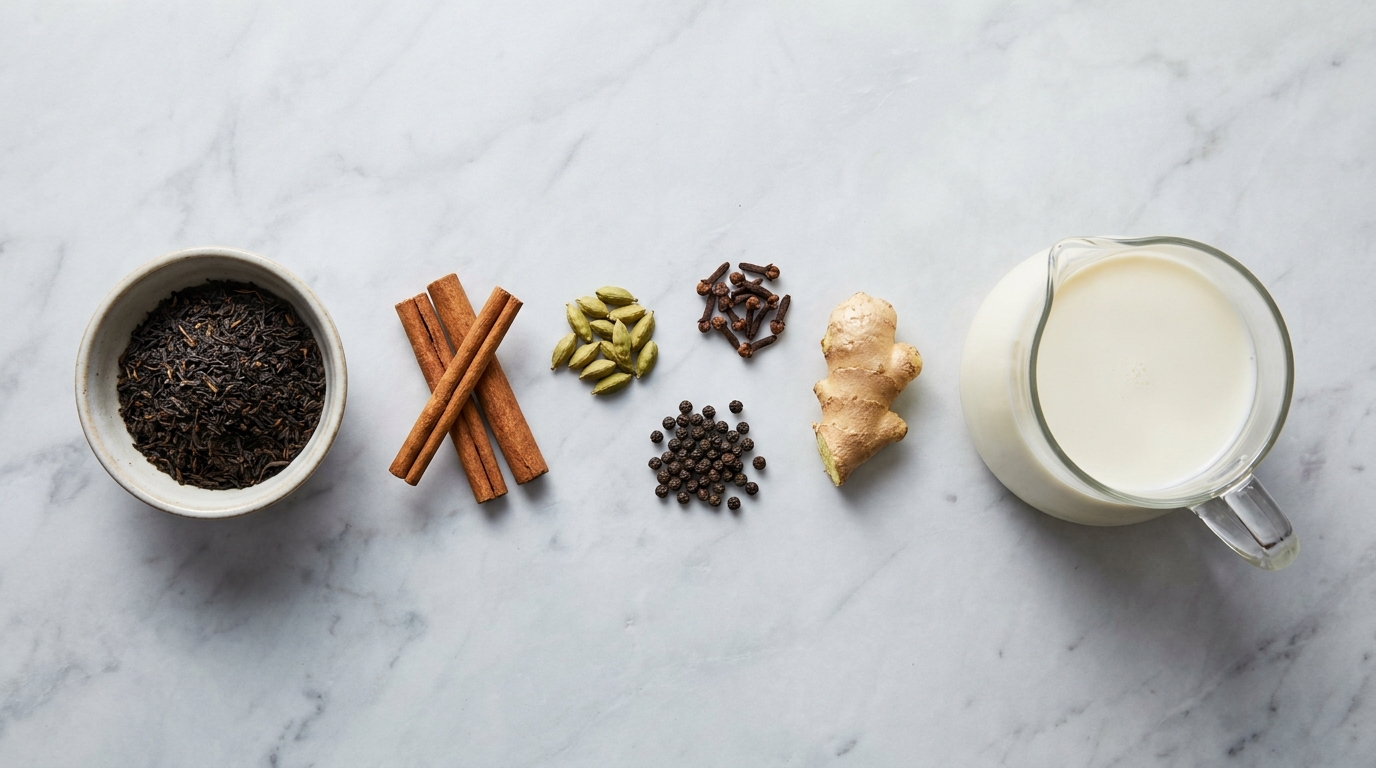 Chai tea latte bileşenleri: siyah çay yaprakları, baharatlar ve süt