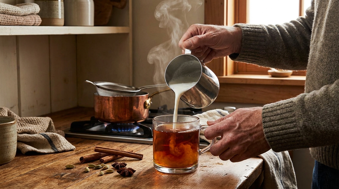 Evde chai tea latte hazırlanışı, süzülen baharatlı çayın üzerine süt eklenmesi