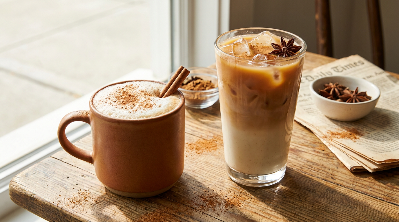 Sıcak ve buzlu chai tea latte çeşitleri yan yana