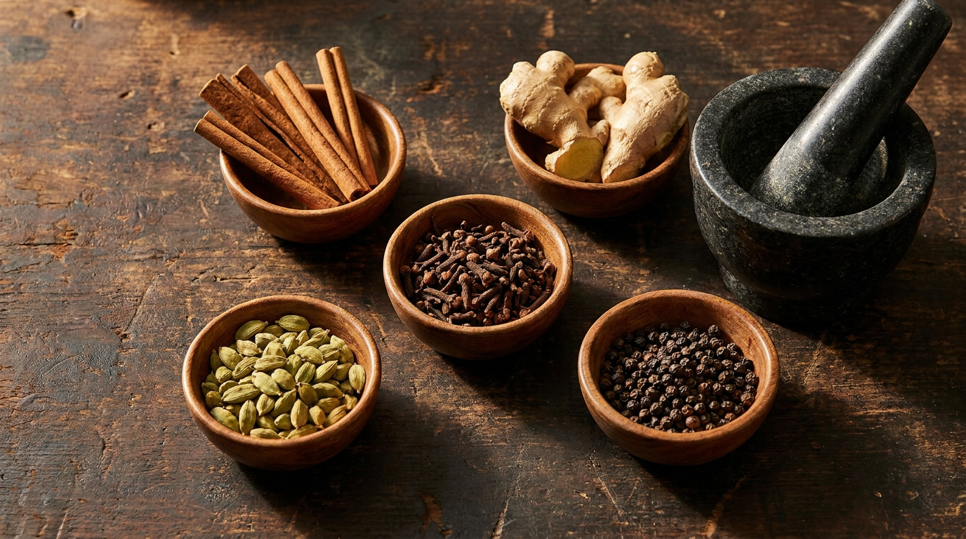 Chai baharatları: tarçın, zencefil, karanfil, kakule ve karabiber