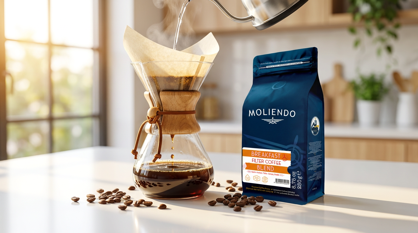Chemex ile kahve demleme, yanında Moliendo Breakfast Filter Coffee Blend