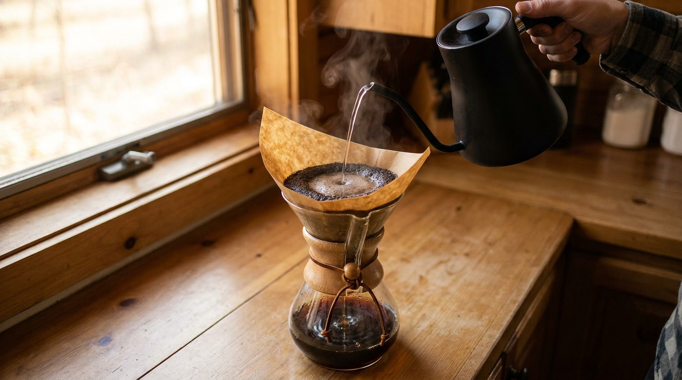 Chemex filtresine gooseneck kettle ile dairesel su dökme