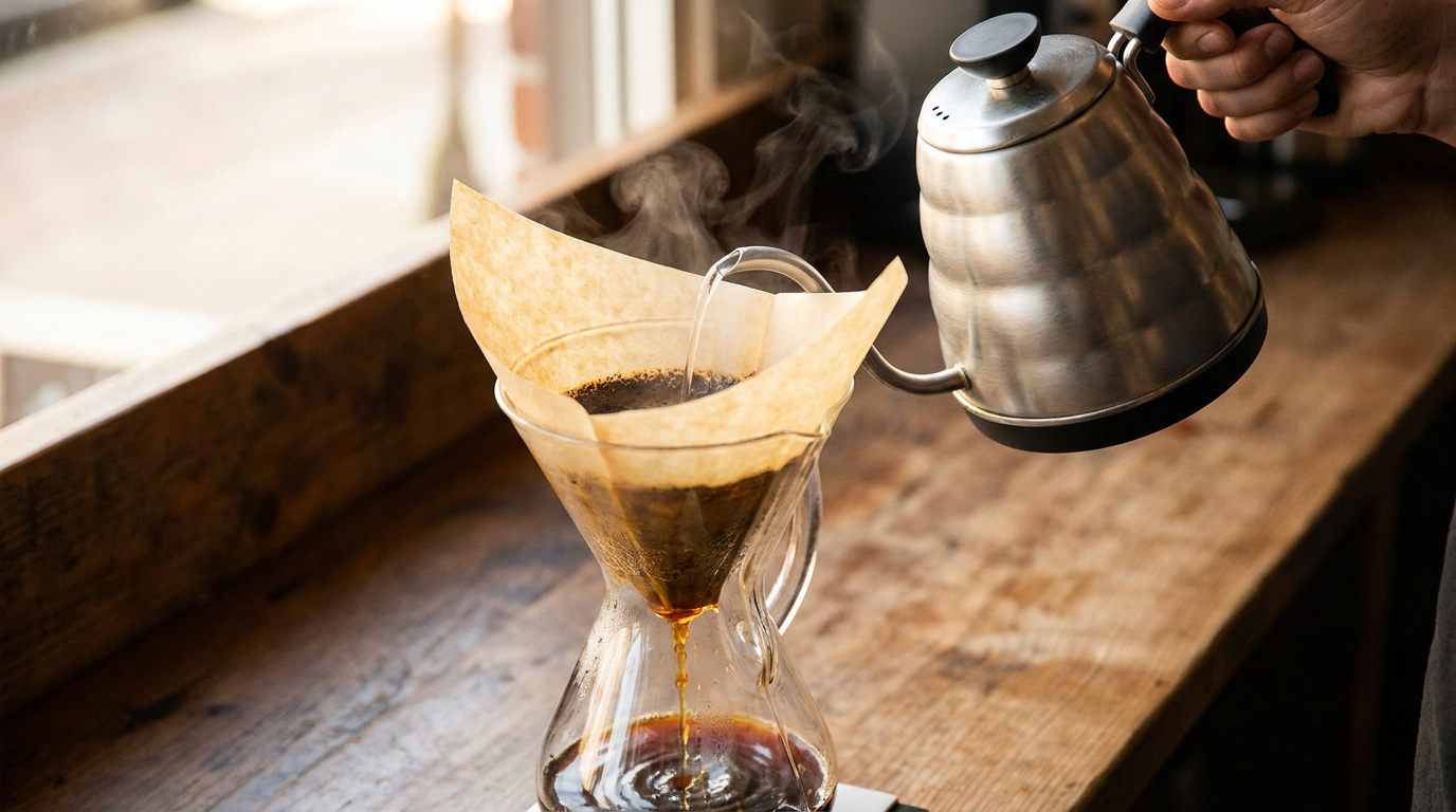 Chemex'e gooseneck kettle ile dairesel su dökme