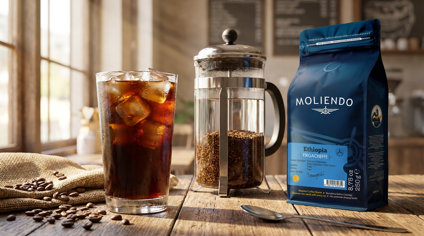 Buzlu cold brew ve French press, yanında Moliendo Ethiopia Yirgacheffe