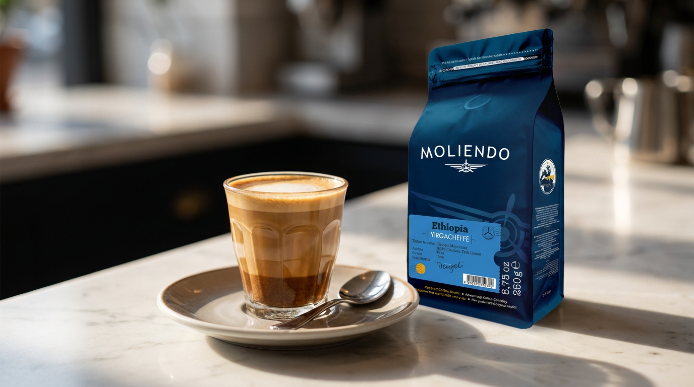 Cam bardakta cortado, yanında Moliendo Ethiopia Yirgacheffe