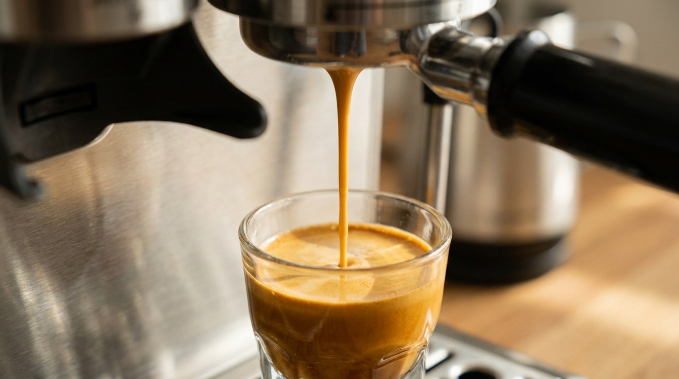 Portafiltreden cam bardağa kremalı espresso shot ekstraksiyonu