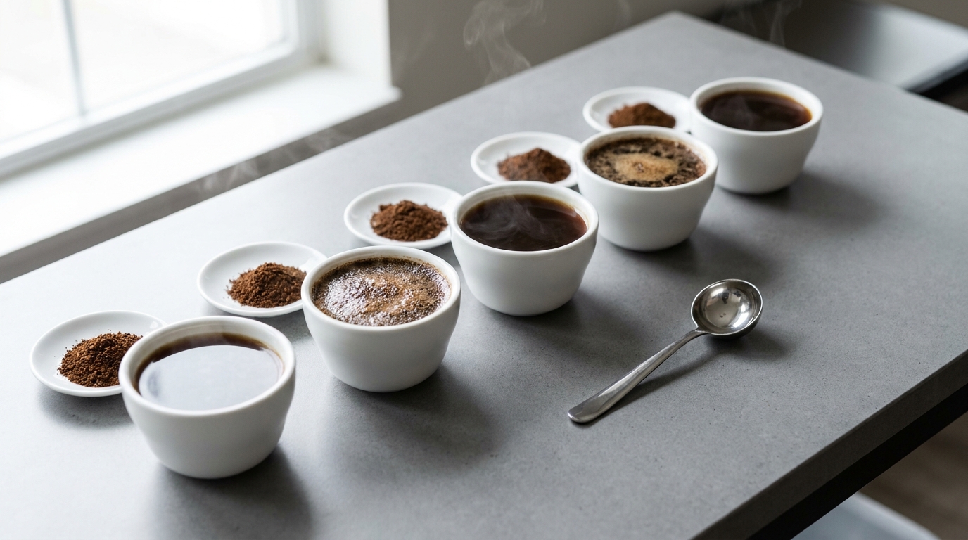 Profesyonel kahve tadımı masasında sıralı cupping bardakları ve cupping kaşığı