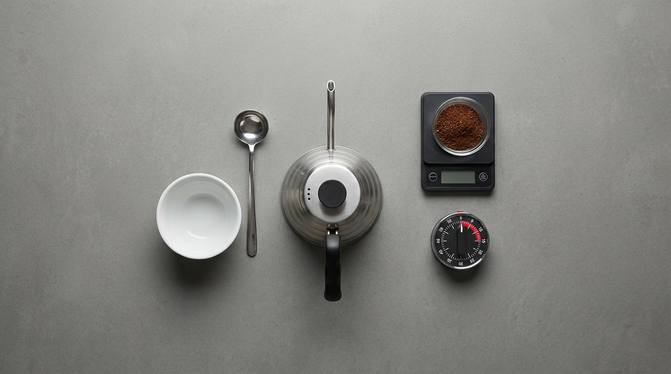 Cupping kaşığı, cupping bardağı, terazi ve ısı ayarlı su ısıtıcısı
