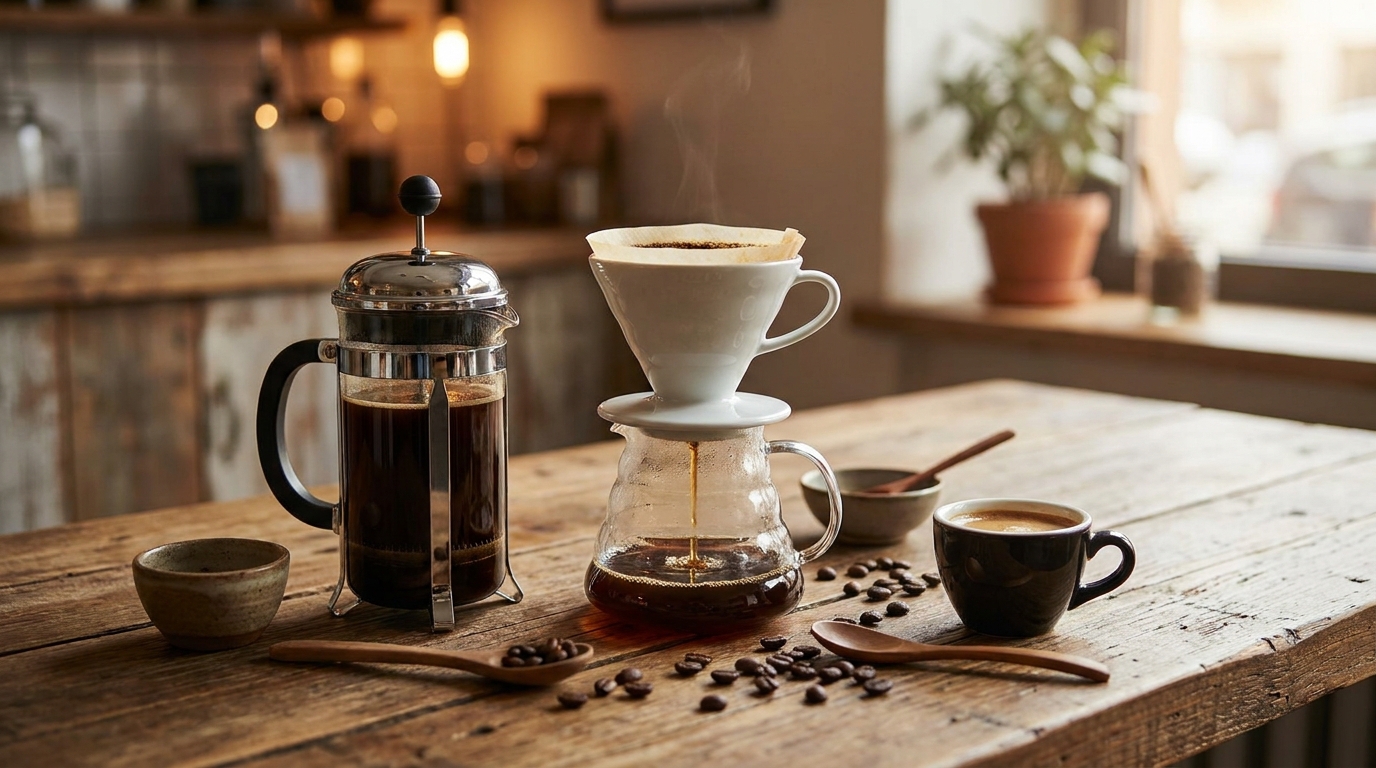 French press, V60 ve espresso demleme kurulumları