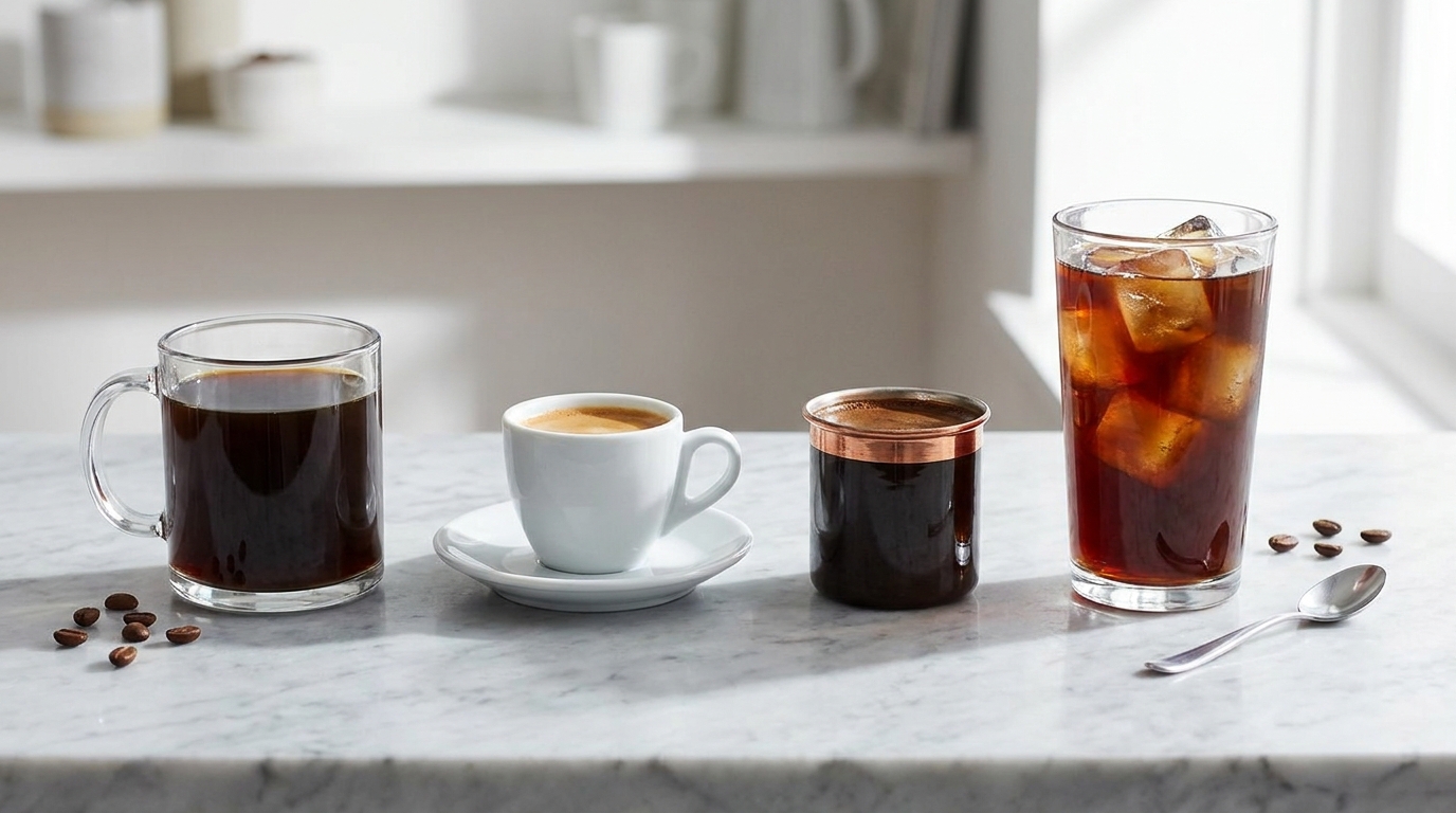 Filtre kahve, espresso ve Türk kahvesi çeşitleri yan yana