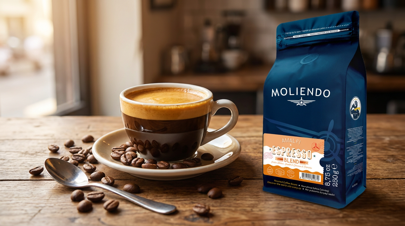 Krema tabakalı doppio (çift espresso), yanında Moliendo Amalfi Espresso Blend