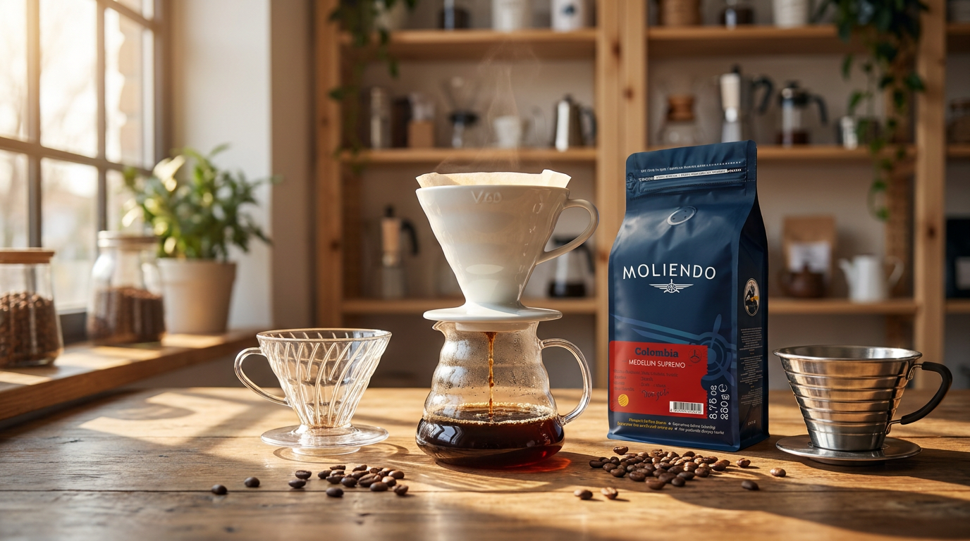 Farklı dripper türleri ve demleme, yanında Moliendo Colombia Medellin Supremo
