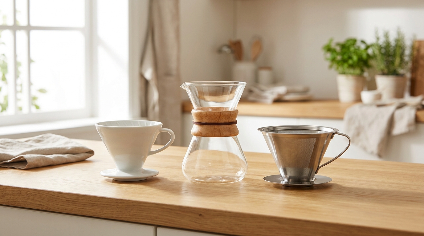 Seramik, cam ve metal dripper türleri yan yana
