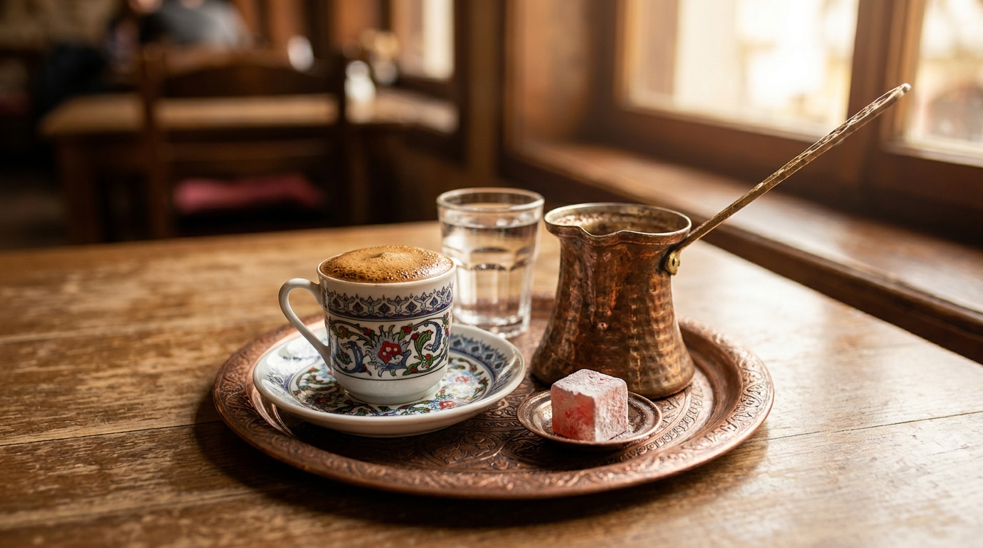 Bakır cezve ve çini fincanda geleneksel Türk kahvesi, lokum eşliğinde