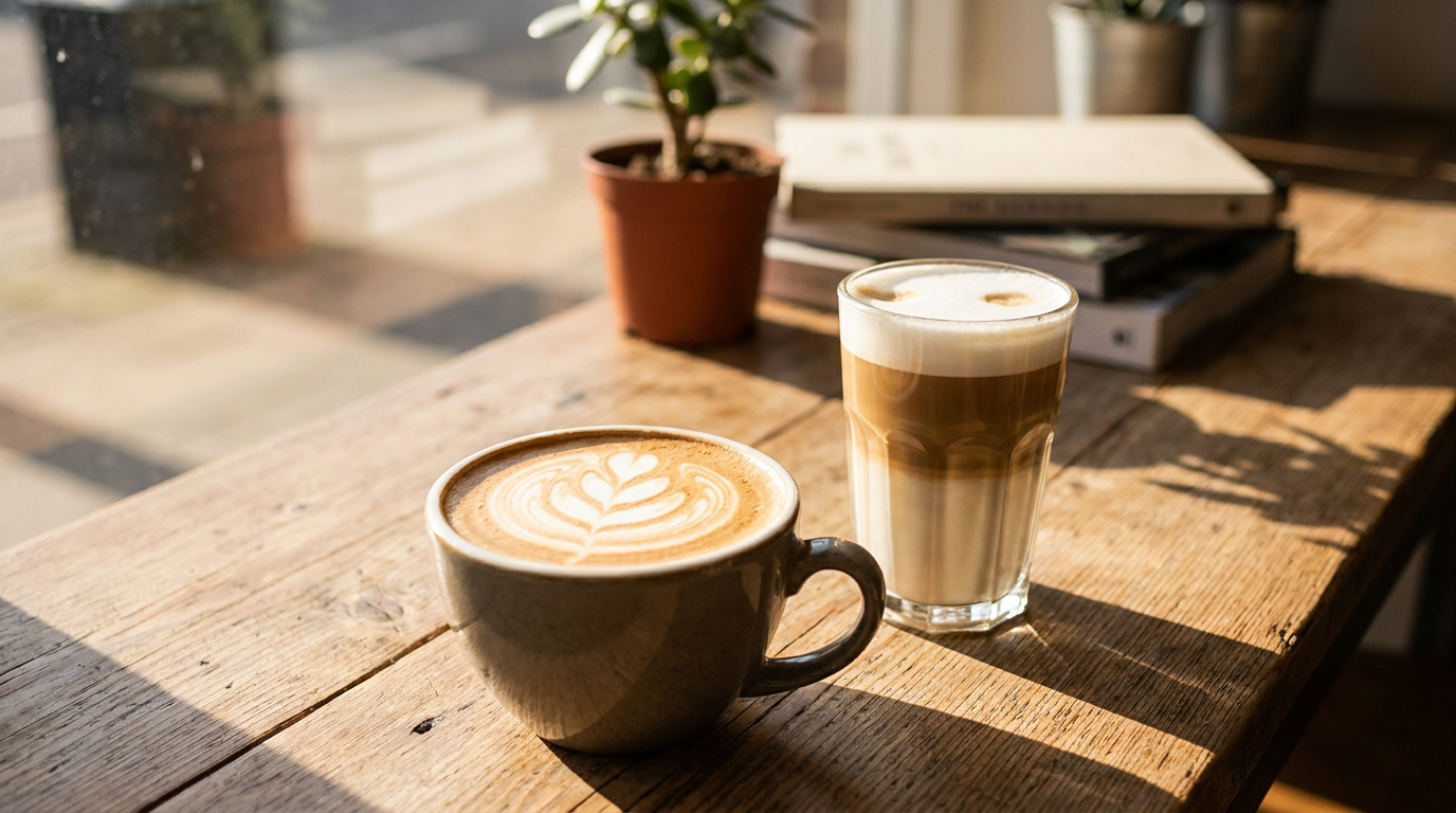 Latte art desenli cappuccino ve katmanlı latte macchiato