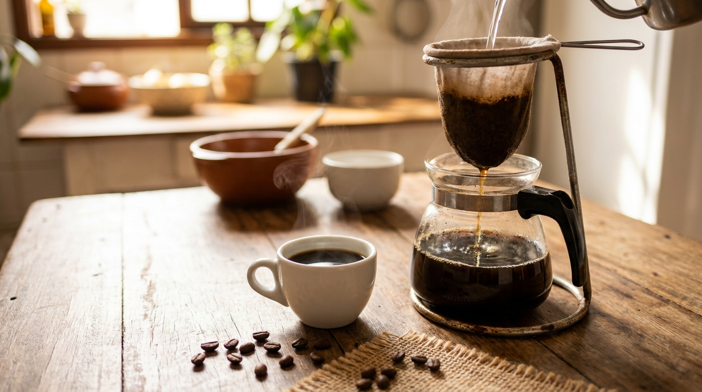 Brezilya usulü coado kumaş filtre demleme ve cafezinho
